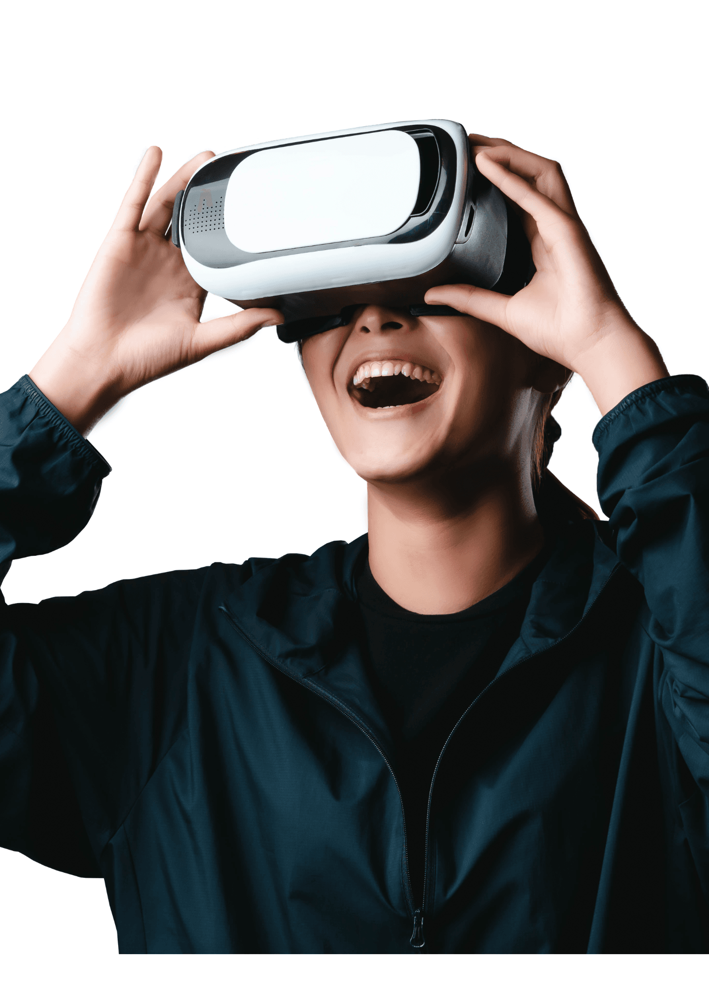 Ondernemer ervaart strategische VR-coaching met een virtual reality-bril voor toekomstgericht leiderschap en groei.